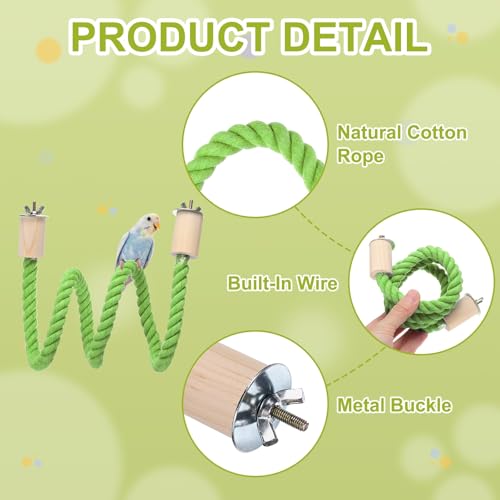Bird Rope Perch Swing, Stand Rope Perch Standing Pole Accessory Climbing Swing Paw Grinding 55 Inch, (Light Green) Intended for Parrot/Parakeet/Budgies/Cockatiels/Lovebirds - color: Light Green, size: 55 Inch