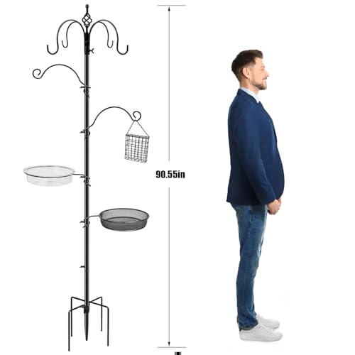 Bird Feeding Station, 90.55in 6-Hook Wild Bird Feeder Stand Pole with Water & Mesh Tray Humming Bird Feeders for Outdoors Easy Assembly for Courtyards Gardens (Black) - size: 90.55in