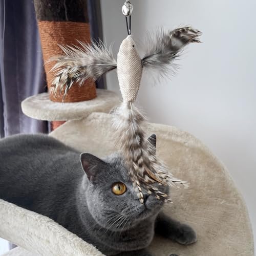 TTcat 4 Pack Linen Bird Cat Wand Refills, Natural Feather Detachable Replacement Toy Heads with Bell, Universal Lobster Clip-on Cat Teaser Attachments, Indoor Kitten Hunting Boredom Relief Prey Toy. - color: 4Pcs Flying Birds