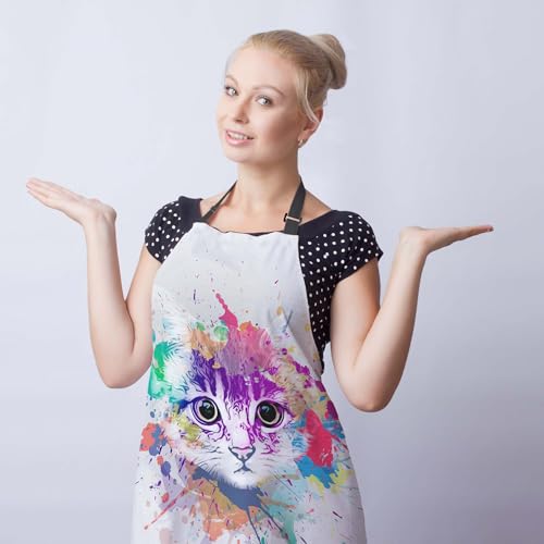 Housewife Apron for Women Abstract Colorful Cat Fun Aprons for Men for Kitchen Cooking Restaurant BBQ Painting Crafting Gardening 27” (W) x 31” (H), Waterproof Apron - color: Abstract Colorful Cat