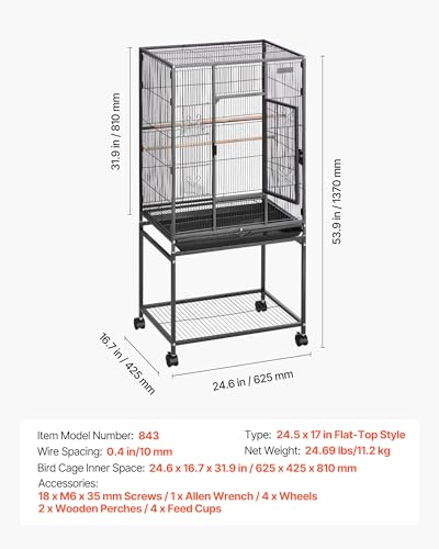 VEVOR Bird Cage, 24.6 x 16.7 x 53.9 inch, Flat Top, Wrought Iron Bird Flight Cage with Perches, Slide-Out Tray and Plastic Feeders, Casters, for Parrot, Blue Tit, Cockatiel, Canary, Budgerigar, Conure - size: 24.6"L x 16.7"W x 53.9"H