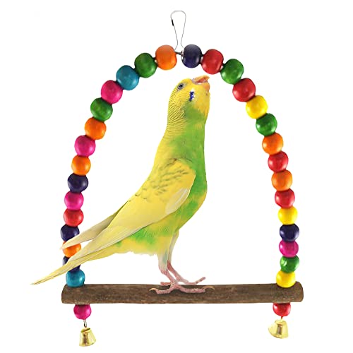 SunGrow Colorful Finch Swing Toy with Bells, Wooden Perch Stand for Canary, Lovebird & Budgie, 8.5x6 Inches, Sturdy Rocking Gym, Small Bird Cage Accessories to Balance, Exercise & Training