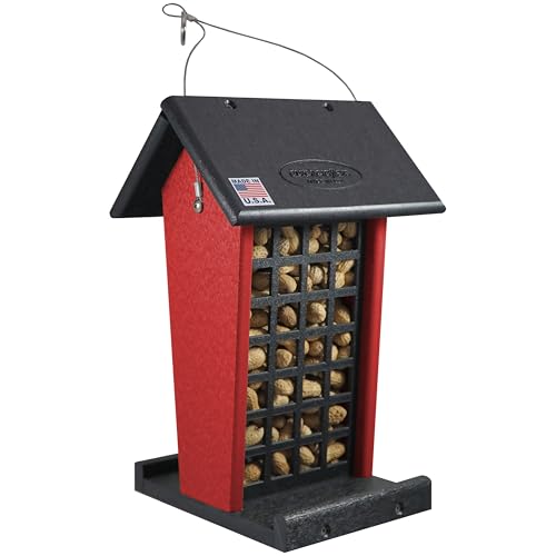 DutchCrafters Plastic Poly Hanging Whole Peanut Bird Feeder for Large Birds, Woodpeckers, Blue Jays for Outdoor, Garden, Yard - USA Amish Made (Black/Red) - color: Black/Red