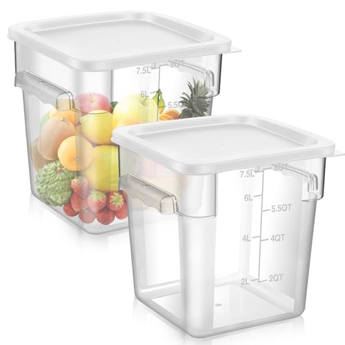 FoldTier 2 Pieces Square Food Storage Containers Polycarbonate Clear food Container with Lid Commercial Storage with Graduations for Commercial Kitchen Dough Marinating Meat(White,8 Qt) - color: White, size: 8 Qt