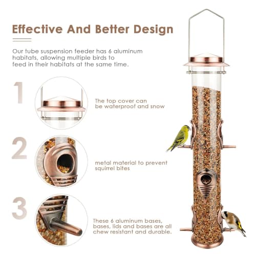 1PK Metal Wild Bird Feeder,Squirrel Proof Bird Feeders for Outside,Hanging 6 Port Tube Bird Feeder,Finch Bird Feeder for Attracting Birds in Your Lawn, Garden, Balcony-Antique Copper - color: Antique Copper