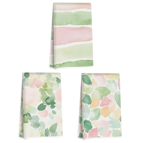 3 Pcs Pink Green Stripe Kitchen Towels, Watercolor Flower Leave Dish Towels | Flower Absorbent Microfiber Waffle Hand Towels for Farmhouse Home Bathroom, Housewarming Gifts - color: Multi 1401