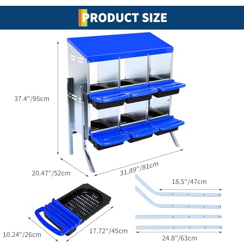 2-Tier Chicken Nesting Box, 6 Compartment Metal Nesting Box for Chickens with Waterproof Roof, Non-Slip Stable Base, Heavy Duty Chicken Laying Boxes for Hens, Poultry - color: Blue, size: 6 holes with legs