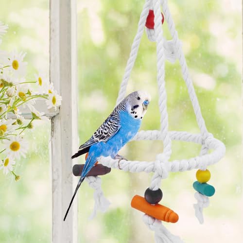 Hypeety Bird Swing Cotton Rope Round Hanging Hammock Perch Toy for Parakeet | Durable stainless steel ring with colorful beads, easy-hanging, stable ring struction, for budgies/conures/quakers, white