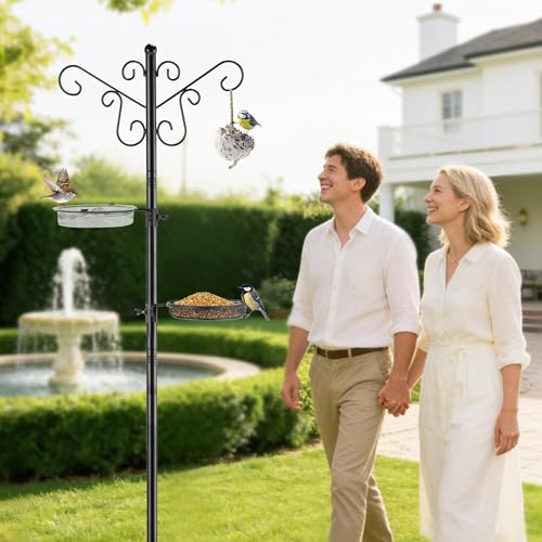 Bird Feeding Station,Heavy Duty Bird Feeder Pole with Upgraded Thickened Pole & 5-Prong Base,Hanging Hooks,Mesh Tray,Water Bowl w/Metal Snap Fastening,Wind-Resistant Wild Bird Feeding Kit for Outdoors