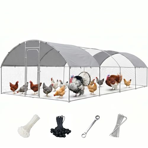 Metal Chicken Coop with Waterproof Curved Roof, 26.3×9.8×6.4ft | Thickened Steel Frame, Predator-Proof Wire, Weatherproof & UV Resistant Cover, Detailed Assembly Guide & Tool Kit - size: 315.6"L x 118.1"W x 76.8"H