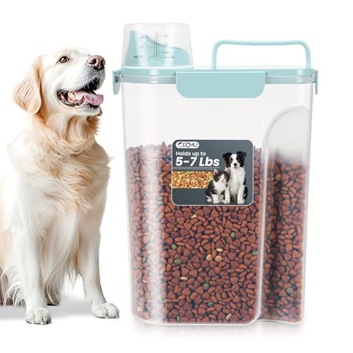 Dog Cat Food Storage Container with Cup (Light Blue, 5L) | Pet Food Pourable Container Airtight with Large Spout, BPA-Free Plastic Food Dispenser for Pet Food, Bird Seed, Rice, Flour - color: Light Blue, size: 5L
