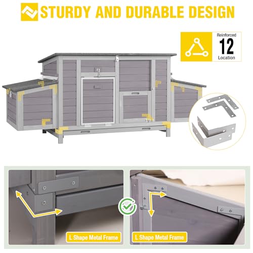 Aivituvin Large Chicken Coop for 4-6 Chickens, Reinforced Outdoor Wooden Hen House with 4 Sectionable Nesting Box, Easy Clean Pull-Out Tray, Waterproof Asphalt Roof - Grey, 67.3"L x 25.4"W x 28.1"H - size: 67.3"L x 25.4"W x 28.1"H