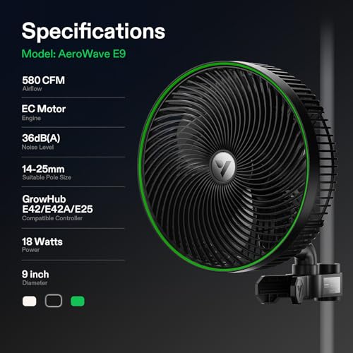 VIVOSUN AeroWave E9 Grow Tent Auto Oscillating Clip Fan, 9" Fan,1-Pack | EC Motor, Smart Wifi Control, Weatherproof IP54, Strong Airflow, US Patented Clip Fan, 9 inch Grow Fan for Hydroponic Cooling - size: 9" Clip Fan-1 Pack