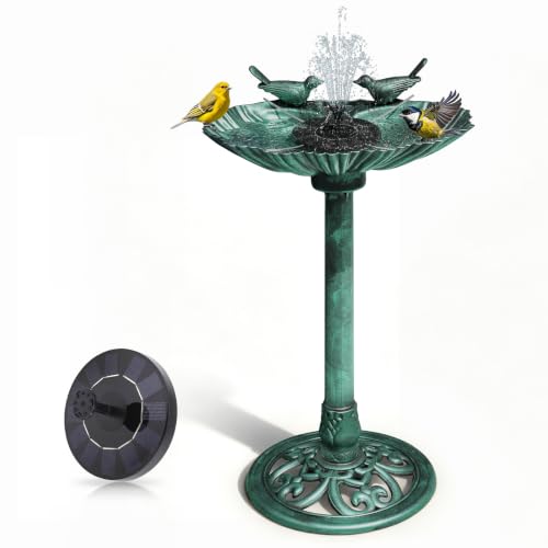 Athena Collection 31.5" Solar Powered Pedestal Bird Bath Fountain, Green | Detachable Solar Fountain Broad, 6 Spray Patterns, 5L Water Large Capacity，3 Ground Nails Included for Garden Yard Lawn - color: Green