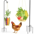 Hanging Chicken Feeder with Shepherd's Hook, Foldable Chicken Vegetable Feeder, Golden Poultry Fruits Feeding Holder Basket with Hanging Chain for Chicken Coop Accessory