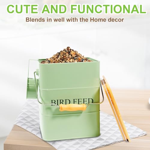 Metal Bird Seeds storage container,Outdoor Bird Container Canister, Pet Food Bin with Wooden Lid/Handle/Food scoop,hold 5-6 Lbs of Wild Bird Seed Sunflower Seed-Preventing Squirrels-Green - color: Green