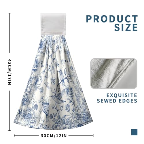 Blue Floral Bird Hanging Kitchen Towels Chinoiserie Vintage Flower Spring Summer Hand Towel with Loop Blue White Kitchen Tie Towels Dish Towel Set of 2 Soft Absorbent Hanging Bath Towel for Bathroom - color: Blue Floral Bird