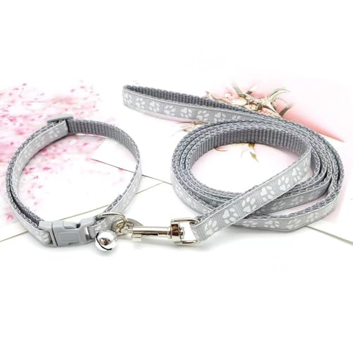 Cat Collar and Leash with Bell Set, Puppy Dog Kitten Collars,Grey XXS,XS | Paw Print Reflective Dog Collar Leash Set with Bell, Basic Nylon Boy Girls Pet Collar Adjustable For XXS XS S Tiny Puppies - color: grey