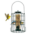 Squirrel Proof Bird Feeder, Metal Caged Outdoor Hanging Seed Feeder with Rainproof Cover & 4 Feeding Ports, Chew Proof Weather Resistant Easy Clean Garden Yard Feeder for Small Wild Birds