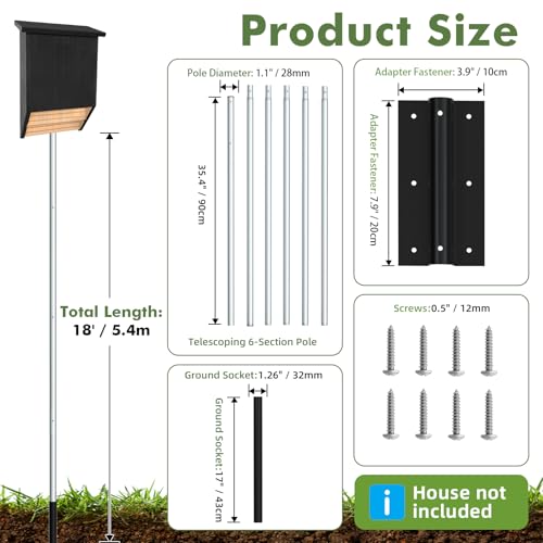 Nalwort 18' Aluminum Bat House Pole, Telescoping Purple Martin House Pole, 6-Section Design with 8-Hole Ground Socket for Wind Stability, Complete Outdoor Bat Bird House Pole Kit - size: 18 ft