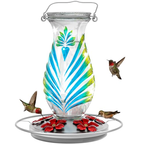 Hummingbird Feeder for Outdoors, 24oz Glass Nectar Feeder with Perch & 5 Flower Feeding Ports, Leakproof Hanging Bird Feeder for Garden Yard Decor, Outside Gifts for Women & Mom, Sky Blue - color: Sky Blue