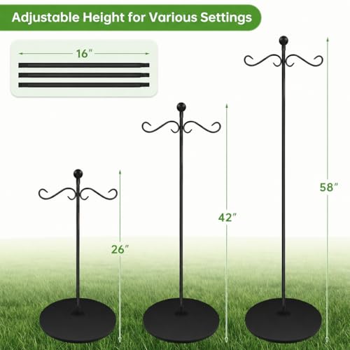 58 Inch Double Shepherds Hooks for Outdoor Indoor with Round Base Stand, Adjustable Shepherds Hook for Bird Feeder, Wind Chime, Solar Light for Garden Patio Home Decor