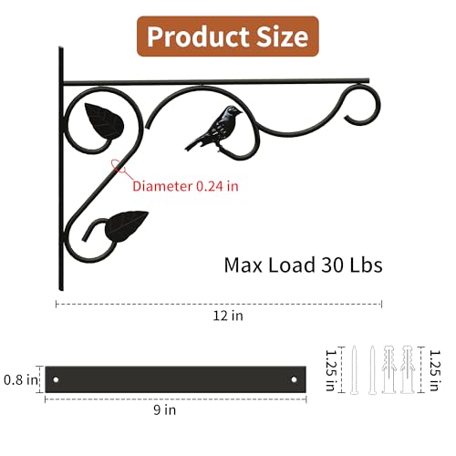 PROWORX 2 Pack 12 Inch Plant Hangers Outdoor Bracket, Bird Design Indoor Wall Mount Metal Heavy Duty Rust-Resistant Bird Feeder Plant Hooks for Hanging Planters, Flower Baskets - size: 12 Inch-Bird-2 Pcs