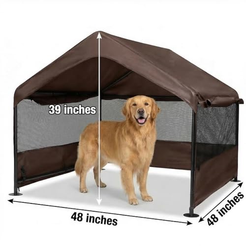 Outdoor Dog Tent, 4'x4'x3' Dog Shade House Shelter for Large Medium Pets | Outside Sun Rain Waterproof Dog Canopy with Three-Sided Breathable Mesh Windows, Livestock House with Ground Nails, Brown - color: Brown (Breathable Mesh Windows)