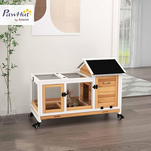 PawHut Wooden Rabbit Hutch with Wheels for Rabbits Indoor Outdoor Yellow | Large Bunny Hutch, with Run, Slide-Out Tray, for Small Animals, Chickens, Ducks, Guinea Pig - color: Yellow