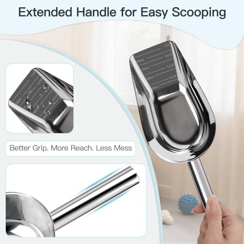 Dog-Cat Food Scoop 1 Cup – Thickened 304 Stainless Steel Pet Food Scoop with Long Handle, Precision Scale, Easy to Clean, for Wet Dry Food - size: Large 1 Cup