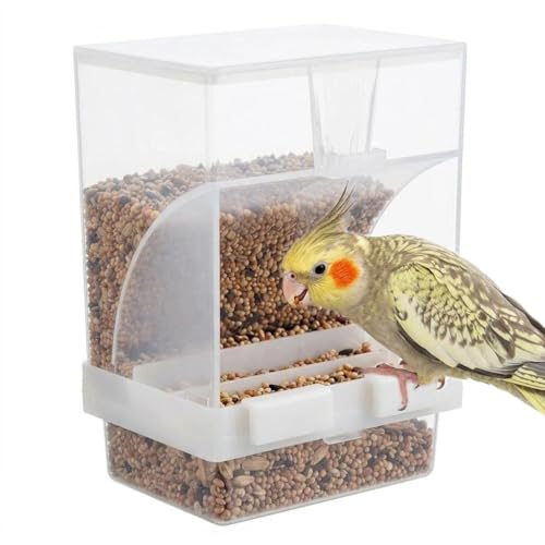 Hypeety Automatic Bird Feeder No Mess Parakeet Cage Seed Food Dispenser | Seed food container perch, anti-scatter design, auto clear acrylic food bowl, easy to hang and clean, for small/medium birds