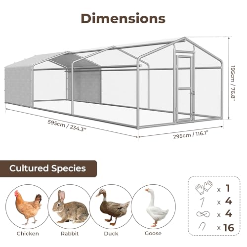 Large Metal Chicken Coop, Chicken Run for 20-30 Chickens, Heavy Duty Walk-in Poultry Cage with Waterproof Anti-UV PE Cover for Ducks Rabbits Geese, 19.5x9.7x6.4ft