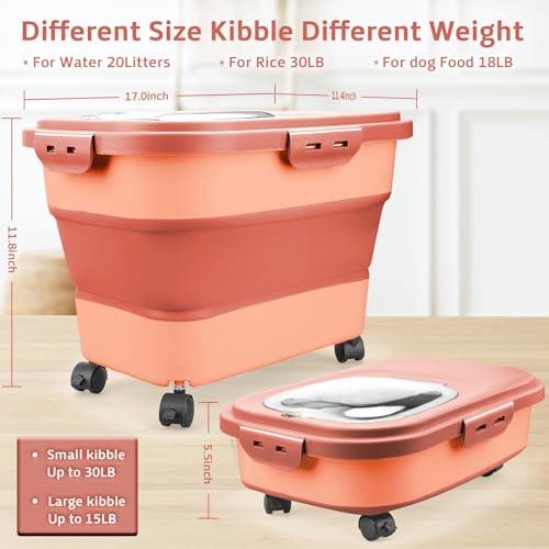 Rice Storage Containers, Collapsible 20 to 30Lbs Food Storage Bin Dispenser with Rolling Wheel and Clear Airtight Lid, BPA Free Flour, Sugar, Cereal and Dog Cat Pet food Containers - color: Pink