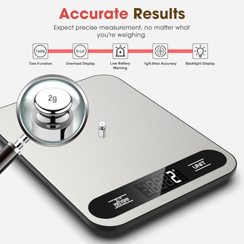 Mik-Nana Food Scale, 22lb Digital Kitchen Scale with 6 Units Tare Function | LCD Display, Stainless Steel Weight Grams and Ounces for Baking, Cooking and Meal Prep (Batteries Included)