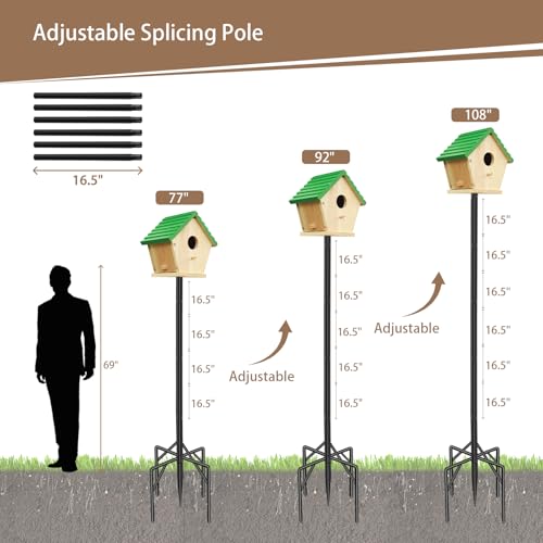 108" Heavy Duty Birdhouse Pole Stand, 1" Dia Outdoor Mounting Kit | Extra tall 1 inch rustproof pole with 5-prong base and dual platforms sturdy support for outdoor weather station & bird house - size: 108 Inch-No Baffle