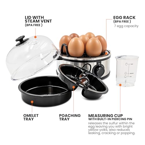 Elite Gourmet EGC724SS Egg Boiler Cooker, 7-Egg Poacher/Omelet Maker, Steel | Cooks soft, medium, or hard-boiled eggs, also scrambles - auto shut-off with buzzer - measuring cup included - BPA-free - color: Stainless Steel, size: 7 Egg
