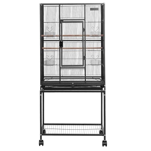 VEVOR Bird Cage, 24.6 x 16.7 x 53.9 inch, Flat Top, Wrought Iron Bird Flight Cage with Perches, Slide-Out Tray and Plastic Feeders, Casters, for Parrot, Blue Tit, Cockatiel, Canary, Budgerigar, Conure - size: 24.6"L x 16.7"W x 53.9"H