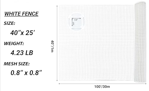 White Plastic Garden Fence, Hardware Mesh, 40'' x 25' | Reusable HDPE Fence for Landscape, Tree Guards, Balcony, Deck & Stair Railings, Poultry, Animal & Pet Barrier, Cut to Size - color: White, size: 40'' x 25'