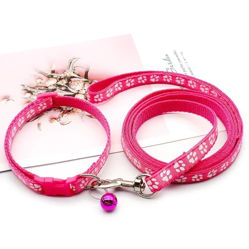 Hot Pink Dog Collar and Leash Set with Bell, Puppy Kitten Cat Collar XXS XS | Paw Print Reflective Dog Collar Leash Set with Bell, Basic Nylon Boy Girls Pet Collar Adjustable For XXS XS S Tiny Puppies - color: hot pink