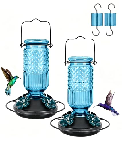Glass Hummingbird Feeder for Outdoors Hanging, 16 OZ Humming Bird Feeders with 4 Bee Guard Feeding Ports & Built-in Ant Moat, Hummingbird Gifts for Mom Bird Feeder for Outside, Blue,2 Pack - color: Blue
