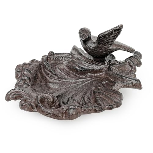 Sungmor Cast Iron Bird Feeder Dish, Rustic Brown Small Bird Feeding Tray | Decorative Leaf-Shaped Outdoor Bath Bowl Food Container for Garden, Patio or Yard - color: Antique Brown
