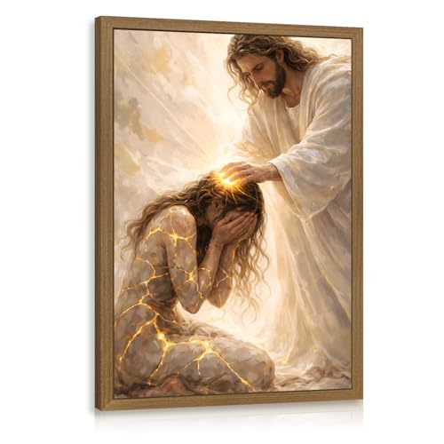 RLKHG Wood Framed Jesus Healing Woman Wall Art, Christian Faith Religious Poster Print, Biblical Miracle Wall Decor, Inspirational Bible Story Artwork for Church Prayer Living Room 16x24 Inch - color: JesusWoman, size: 24"L x 16"W