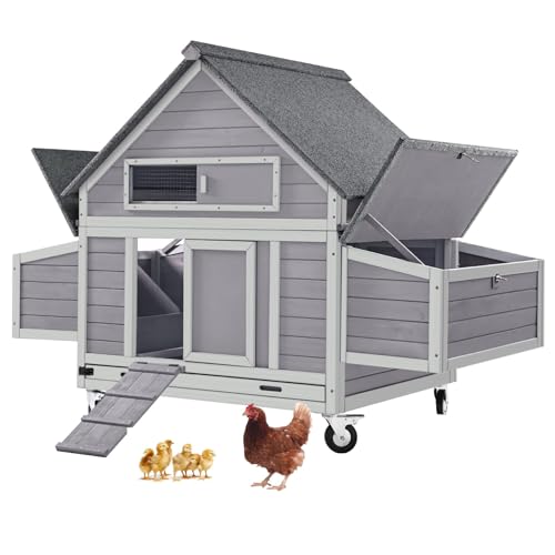 GUTINNEEN Large Chicken Coop for 4-6 Chickens, Movable Thickened Wooden Hen House on Wheels with Easy Clean Removable Tray & 2 Nesting Boxes, Extra Large Outdoor Duck Cage & Rabbit Hutch - color: Grey 14.61ft²