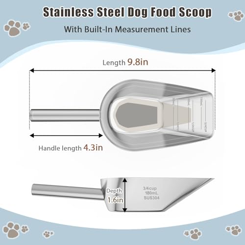 Dog-Cat Food Scoop 3/4 Cup, SSyang Thickened 304 Stainless Steel Pet Food Scoop with Long Handle, Precision Scale, Easy to Clean, Suitable for Wet and Dry Food - size: Medium 3/4 Cup