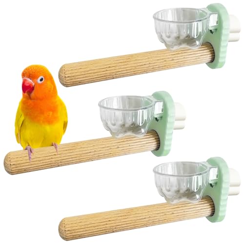 Kathson 3Pcs Bird Perch Feeding Cup Natural Wood Perches with Removable Bird Feeder for Cage Parrot Stand for Parakeets, Budgies, Cockatiels,Parrots, Birds Chewing Stick (Green) - color: Green