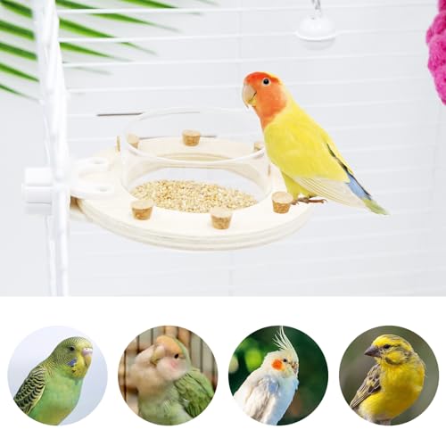 Bird Cage Accessories, Transparent Acrylic Feeding Bowl with Wooden Frame & Chewable Cork, Bird Cage Feeder for Budgies, Cockatiels, Lovebirds, Canary and Other Small Birds