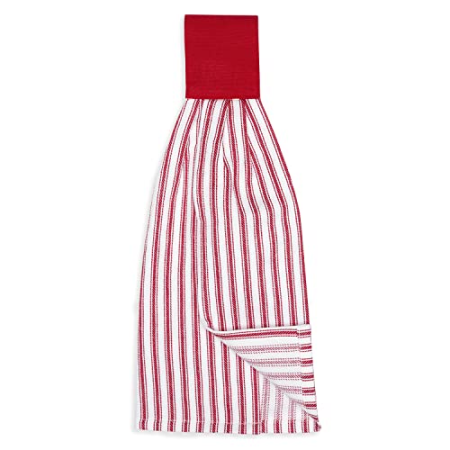 Tango Red and White Ticking Stripe Hanging Kitchen Dish Hand Towel Cotton with Button Accent, Set of 2 - color: Tango Red