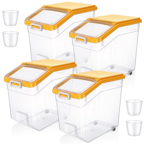 4 Pcs Rice Storage Container 38 lb Flour Container with Wheels Measuring Cup Clear Pet Food Bin Dog Bird Cat Food Bin Grain Cereal Organizer Box for Dry Baking Supplies(Yellow Lid) - color: Yellow Lid, size: 38 lb