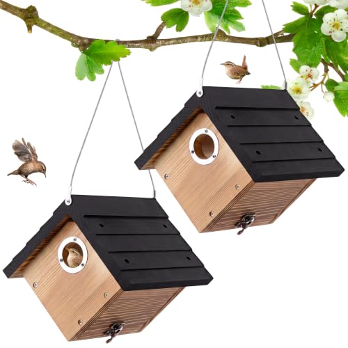 Dreyoo 2 Pack Wren House, 1-1/8'' Entrance Hole Hanging Wooden Wren Bird Houses for Outside with Metal Guard, Air Vents, Pine Wood for Chickadees (Black,Burnt Wood Color) - color: Black, Burnt Wood Color