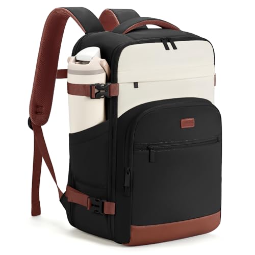40L Travel Backpack for Women & Men: Flight Approved Carry On Backpack, TSA Personal Item Bag with Water Bottle Pocket, Weekender Essentials Backpacks fits 17" Laptop - Black White Brown - color: Black White Brown, size: X-Large